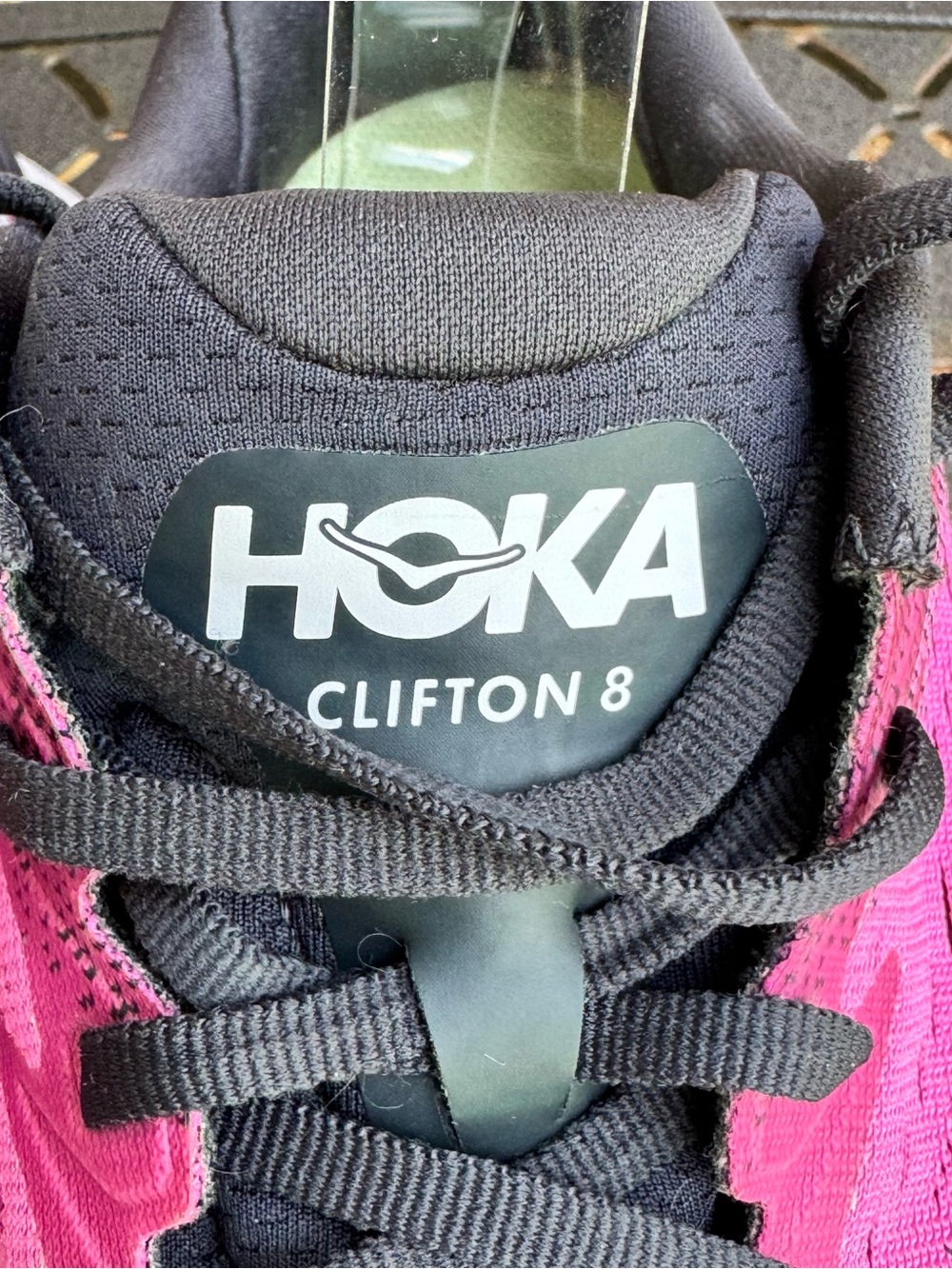 Hoka Clifton 8 Women's Pink and Black Running Shoes with Lime Accent - Picture 3 of 10